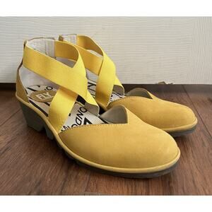 FLY LONDON Paco Yellow Suede Strappy Low Wedge Sandals Shoes Sz 38 Boho Festival
